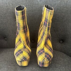 Yellow Plaid Platform Ankle Boots